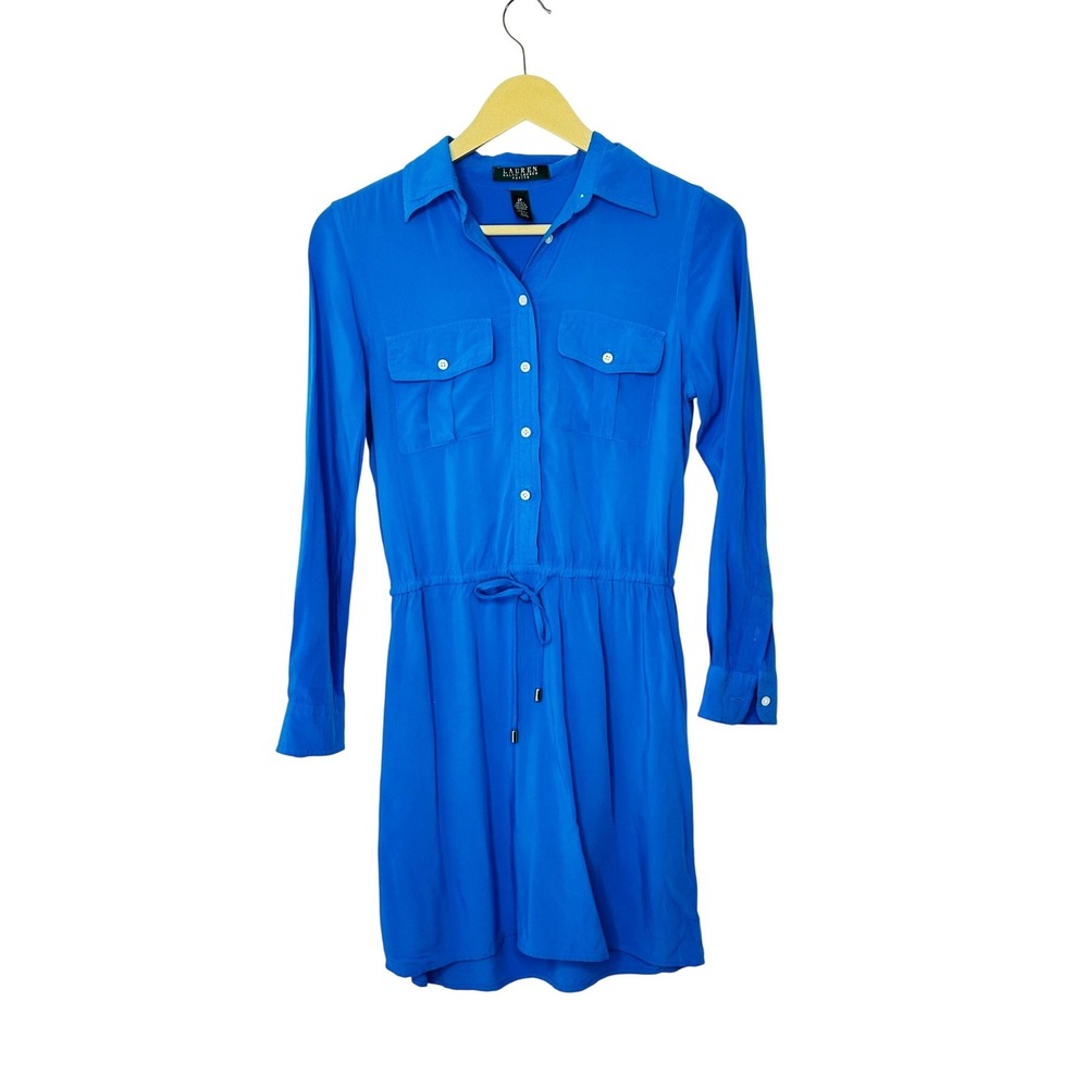 Lauren Ralph Lauren Shirt Dress Womens 2P Blue Viscose Long Sleeve Mini Pocket